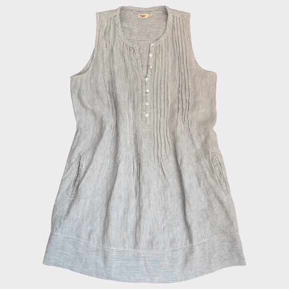 Faherty Isha Dress Blue Mini Stripe Linen Sleeveless V Neck Size Medium Pockets - Picture 2 of 13